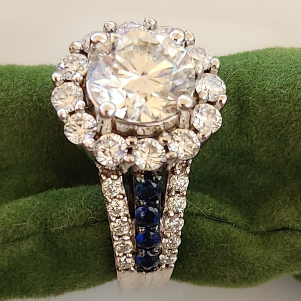 Moissanite Fire Blue Sapphire Platineve 925 Silver Ring - Picture 13 of 16